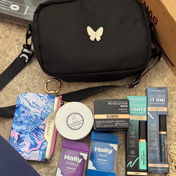 Profusion Cosmetics Other - Black Crossbody Bag with Butterfly Accent and beauty items